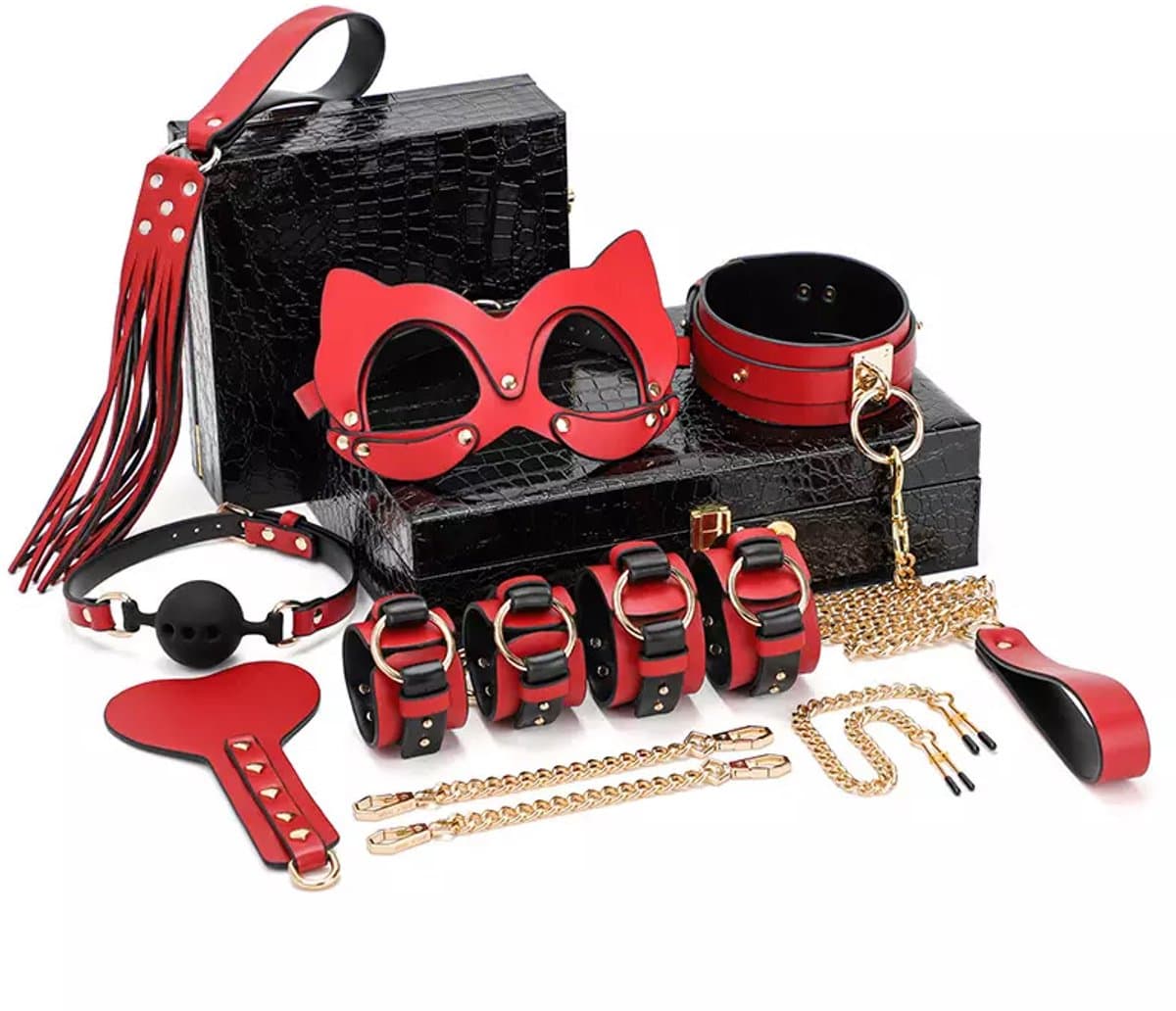 Fifty Shades of Grey – Luxe 8-delige BDSM Set met Opbergkoffer – Bondage Accessoires voor Koppels – Handboeien, Halsband & Zweep - BDSM Extreem - BDSM Set echt Leer - BDSM Masker - BDSM Handboeien - BDSM Zweep - BDSM Mondbal – Kinky – Dare to Undress — afbeelding 1