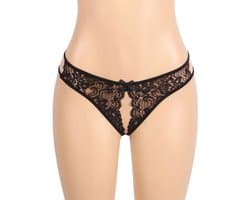 Zwarte Kanten String met Open Kruis – Black Lace Thong with Open Crotch - Sexy Erotische Dames Lingerie – Maat M