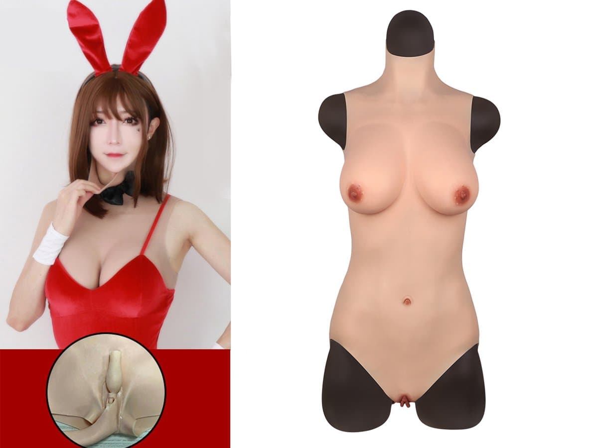 Siliconen Triangle Bodysuit met rits - Cup C - + kanten choker - 100% hypoallergene medische siliconen - kunstvagina - borsten - bodystocking - Siliconen Huid - Fake boobs - Crossdresser - Transgender - Travestiet - Femboy - Cosplay - Body4Everybody — afbeelding 1