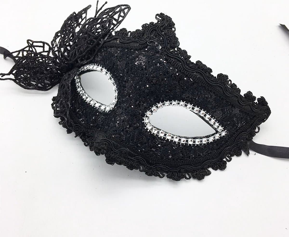 Venetiaans Masker - Vlindermotief - Stof - Zwart — afbeelding 1