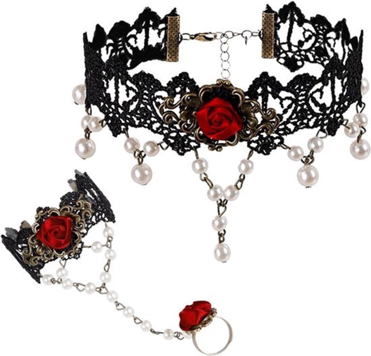 Gothic Choker Kant Halsketting met Roos Armband en Ring Set - Victoriaanse Halsketting — afbeelding 1