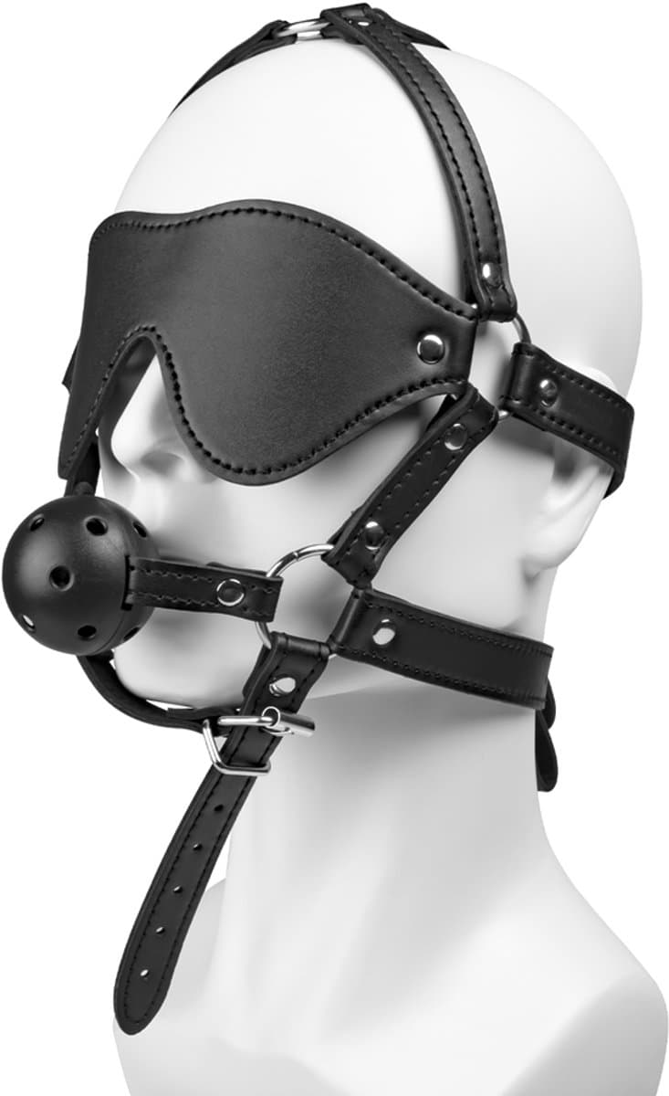 Lederen Bondage Masker met Blinddoek en Ballgag – Verstelbaar Hoofdtuig voor BDSM & Dominantie Spel — afbeelding 1
