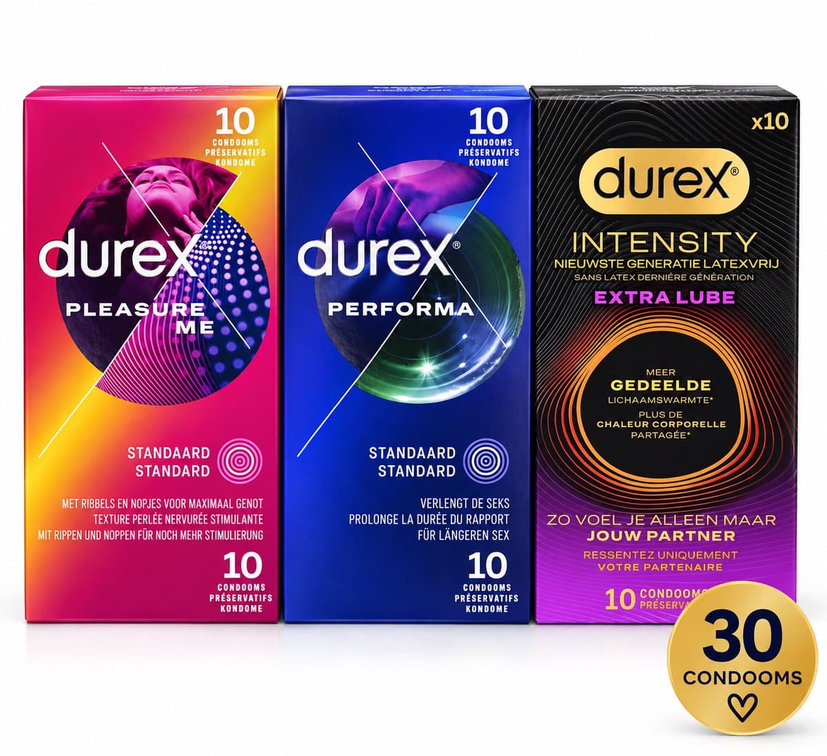 Durex Condoom Variatiebundel – Pleasure Me + Performa + Intensity Extra Lube – 30 Condooms – 3x 10 Stuks — afbeelding 1