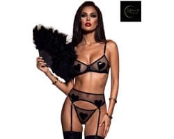 Luxe Lingerieset Dames – Lingerie Erotisch – Sexy Lingerie – 4-delige set – Zwart – Lingerie Setje – Verleidelijke BH met Jarretels, Kousen & Hoge Taille String – Sexy Lingerie – Chique – Luxe –Boudoir Look – Kinky – Dare to Undress– Maat XS/S, M, L
