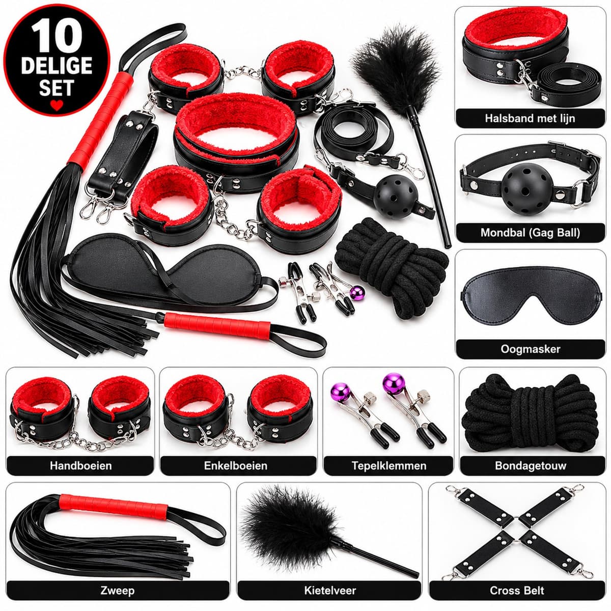 BDSM Set 10 Delig – Complete Bondage Set voor Stellen - Seksspeeltjes – Handboeien in Faux leer met bont, Enkelboeien, Halsband, Zweep, Kietelveer, tepelklemmen en Accessoires – Zwart/Rood - — afbeelding 1