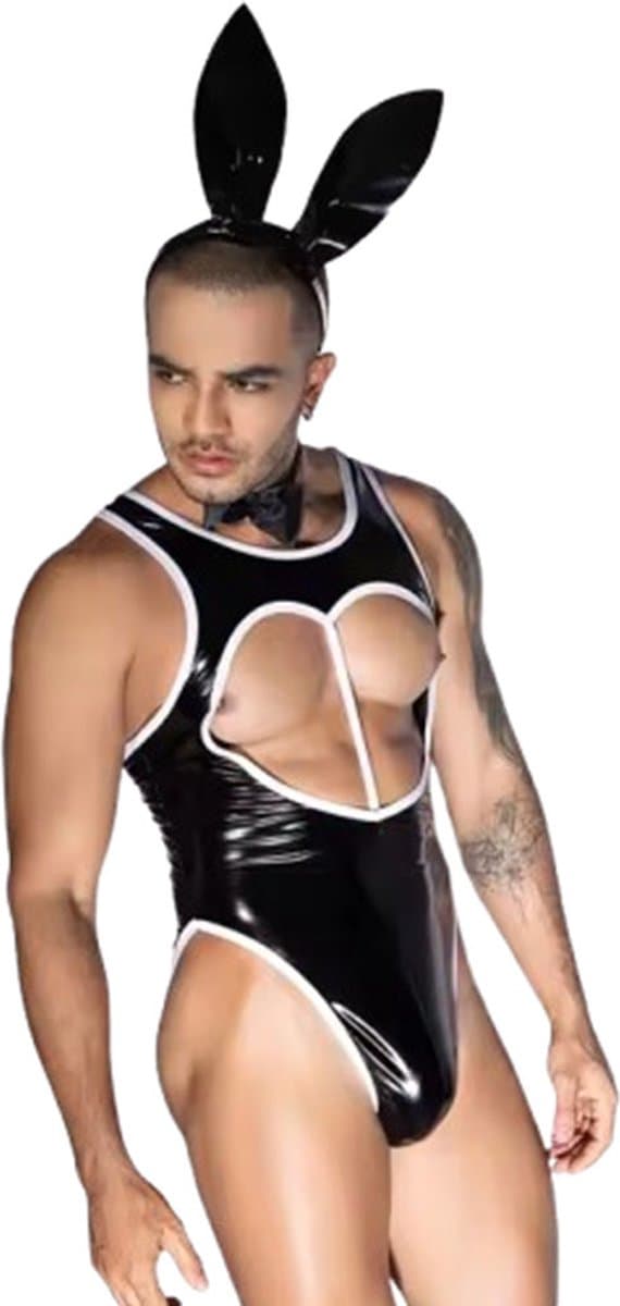 Mannen Konijnenpak in Lederen Look met Oortjes en Staart – Sexy One Size Lingerie — afbeelding 1