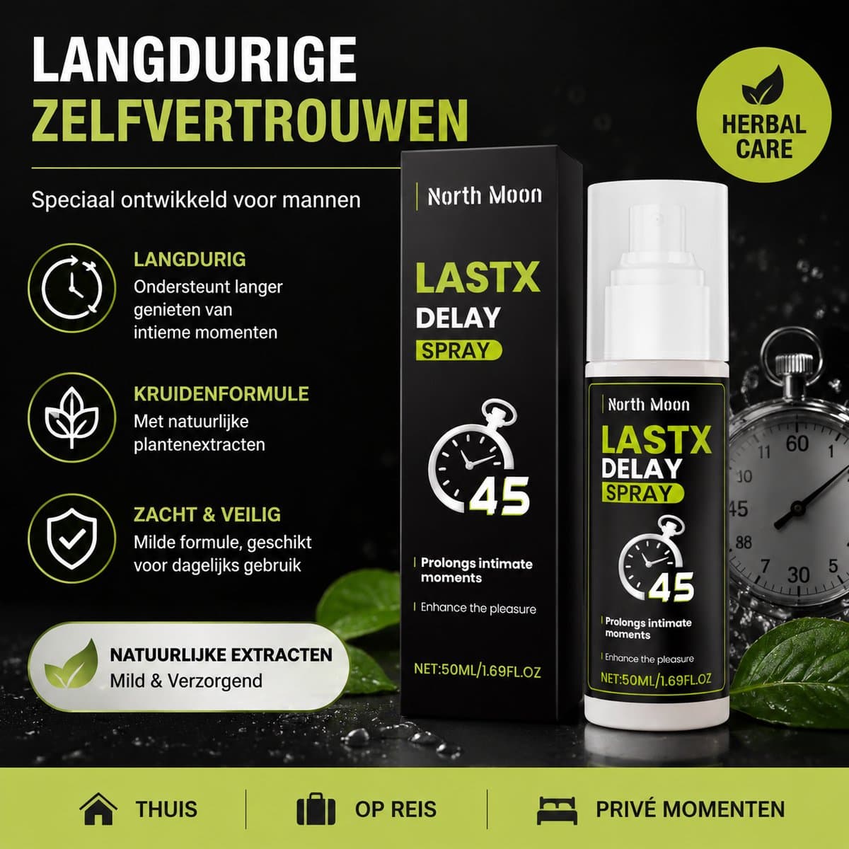 North Moon LASTX Delay Spray 50ml – Kruiden Intieme Verzorging voor Mannen – Comfortabele Spray voor Persoonlijke Verzorging – Handige Formule voor Volwassenen — afbeelding 1
