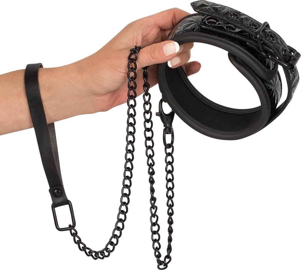 Bad Kitty – Onderdanige Bondage Training Halsband met Reliëf en Polsband Ketting – Zwart — afbeelding 1