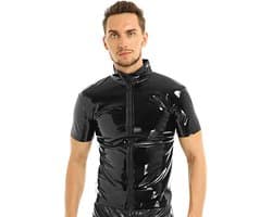 Heren Wetlook Shirt in Laklook met Knoop- en Ritssluiting