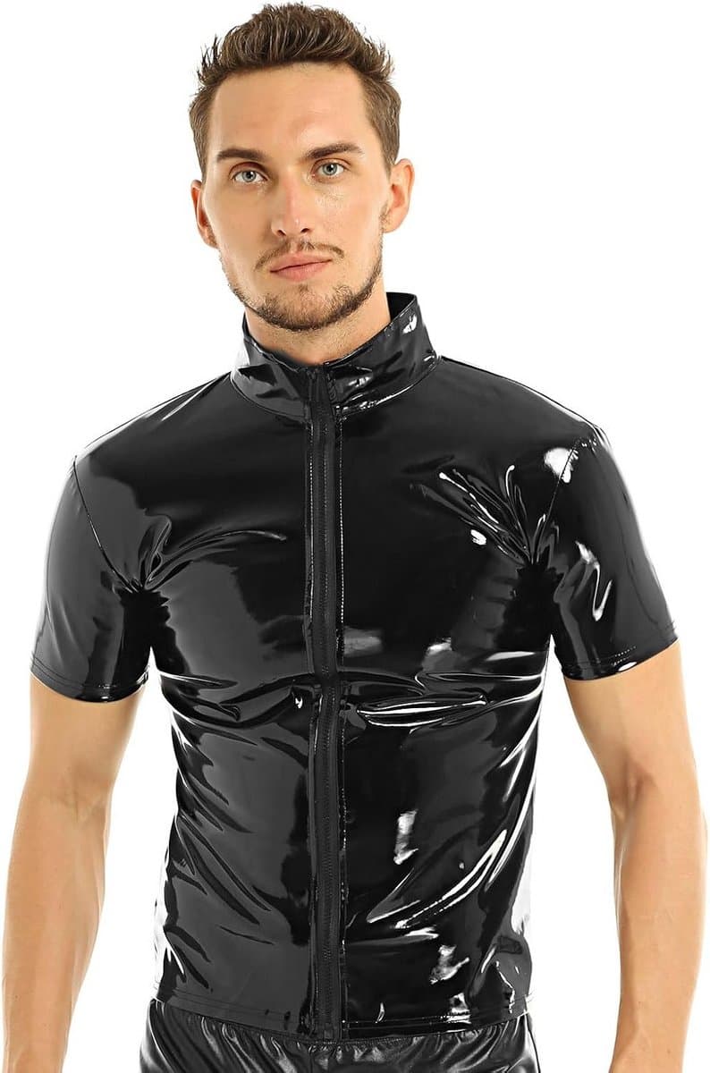 Heren Wetlook Shirt in Laklook met Knoop- en Ritssluiting — afbeelding 1