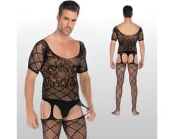 Heren Bodystocking Met Kant & Jarretels - Zwart - Erotische Herenlingerie - One Size S-XL (46-52) | LS166