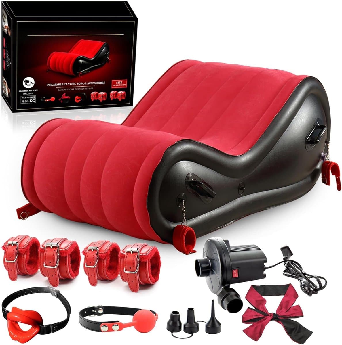 Sex Kussen - 6 Accessoires - Inclusief Seksspeeltjes - Inclusief Elektrische Pomp - Opblaasbaar Seks Kussen - Seks Meubel - BDSM Speelgoed - PVC met Zacht Fluweelcoating - Zwart/Rood - Discreet Verzonden — afbeelding 1