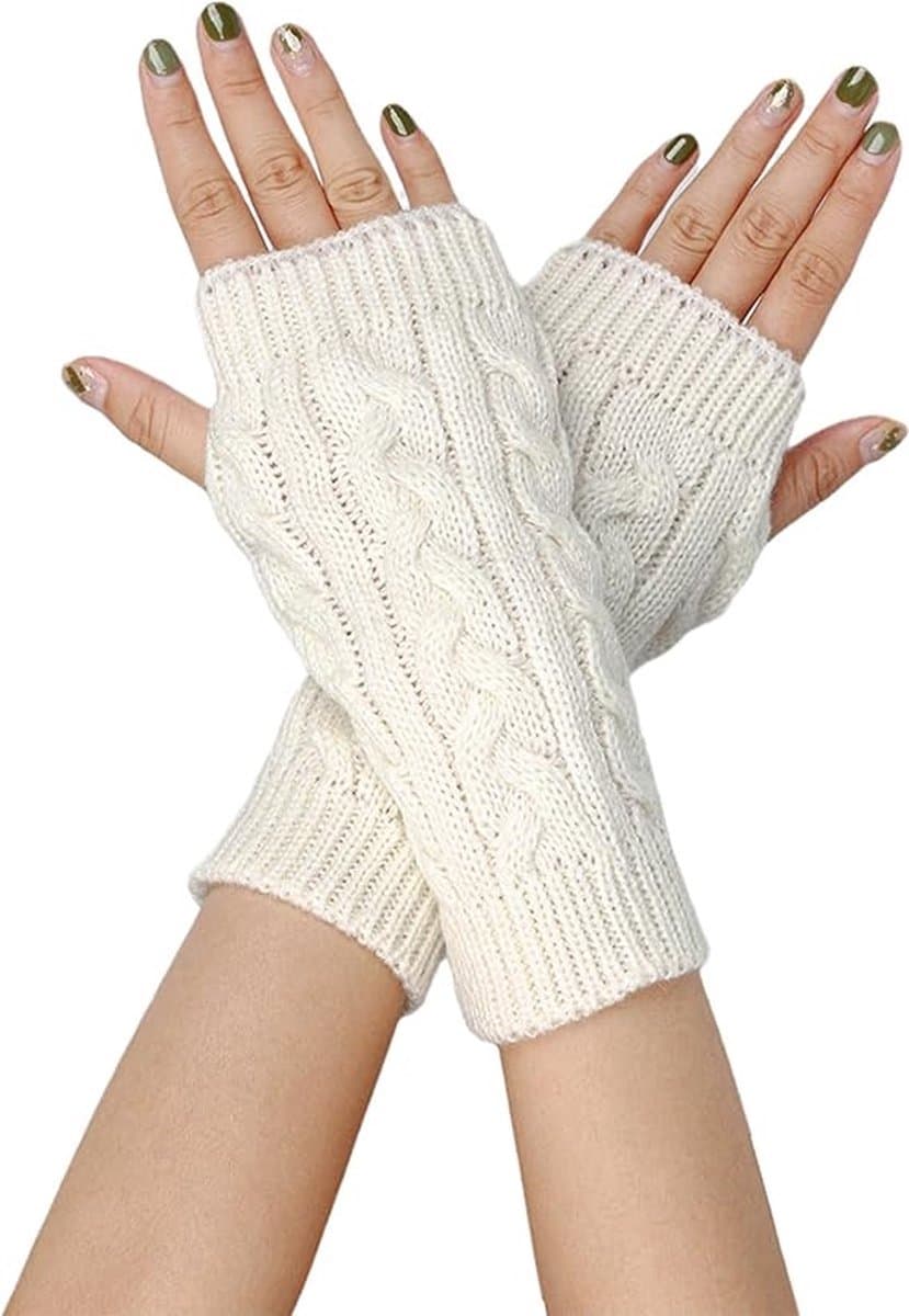 1 stuk vingerloze winterhandschoenen voor heren en dames, gebreide warme armmouwen met duimgaten, zachte pols handschoenen, korte gedraaide handschoenen, wollen halve vinger open, warme en koudebestendige polsbeschermers, arm mouwen,Wit — afbeelding 1