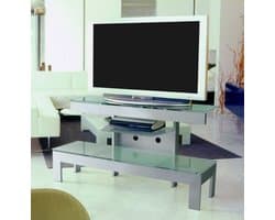 TV-kast met lade van gesatineerd aluminium met de hand geborsteld, tafelblad en legplank van gehard kristalglas, gezandstraald, techniek, Prisma 120C