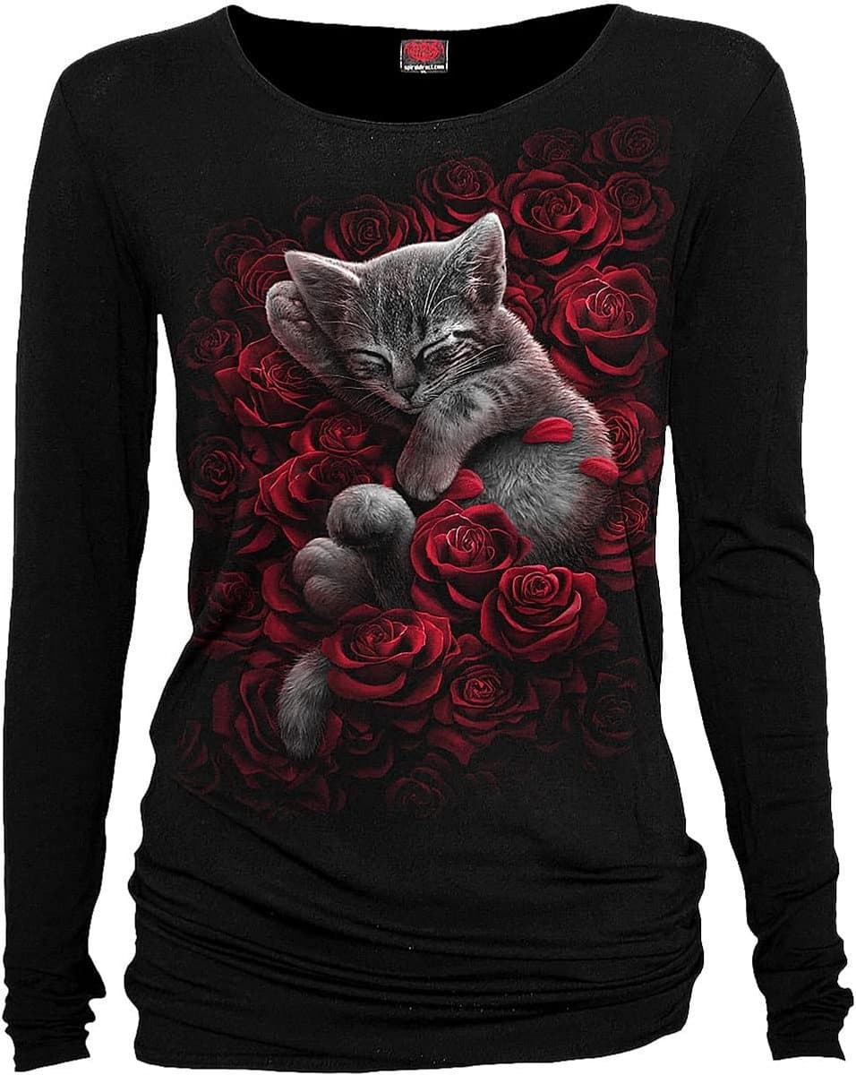 Zwart Lang T-Shirt met Kattenprint op Rozen voor Goth & Rock Stijl — afbeelding 1