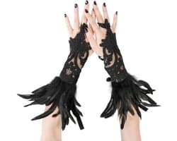 Lange kanten handschoenen - Vingerloze handschoenen - Feestelijke gelegenheden - Met veren versierd - One size fits most - Zwart