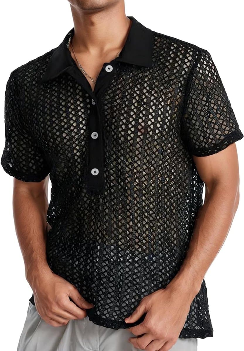 Transparante Mannelijke Mesh T-shirt voor Disco en Zomer met Zakjes en Lingerie Stijl — afbeelding 1