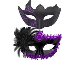 Set van 2 Venetiaanse maskers voor mannen en vrouwen – Voor Halloween, carnaval, feesten – Zwart en paars